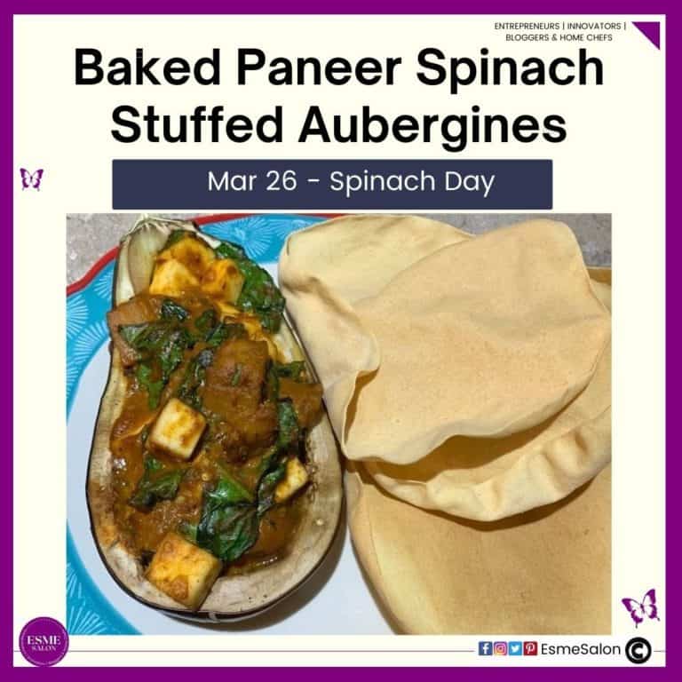 an image of Baked Paneer with Spinach in a Stuffed Aubergine.  A lovely vegetarian and Diabetic friendly recipe!