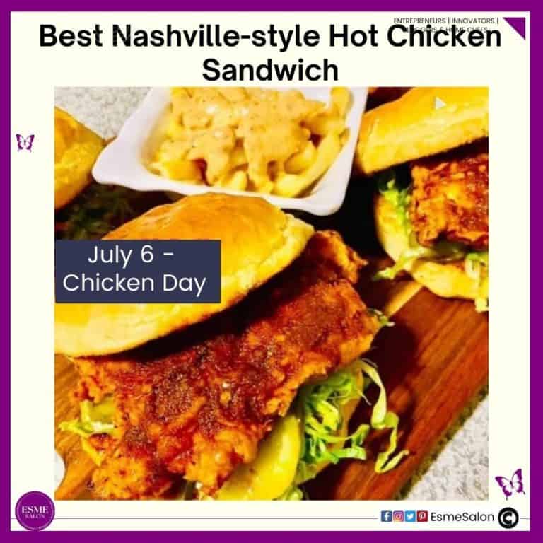 an image of a Nashville-style Hot Chicken Sandwich served on a wooden board