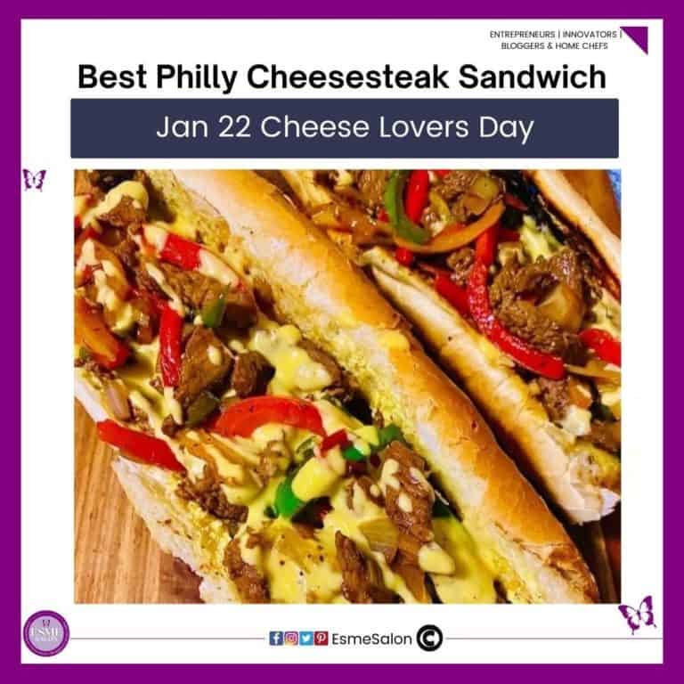 an image of 2 Philly Cheesesteak Sandwiches on a wooden plank