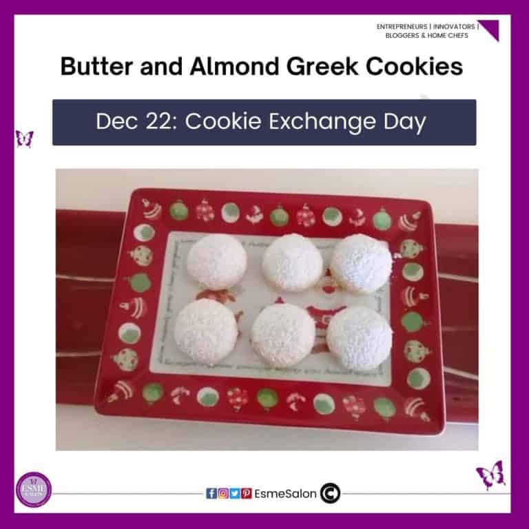 an image of 6 Butter and Almond Greek Cookies on a red Christmas platter