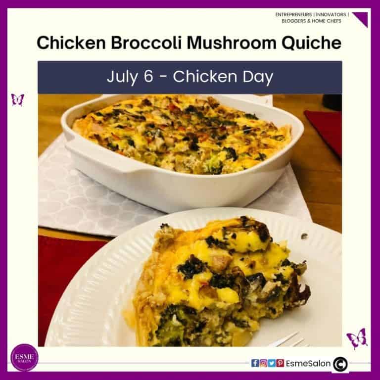 an image of a white dish with Chicken Broccoli Mushroom Quiche as well as a scoop plated