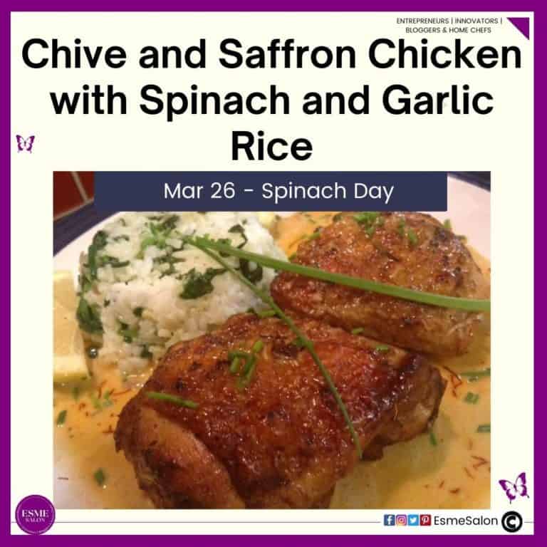 an image of a two pieces of Chive and Saffron Chicken with ball Spinach and Garlic Rice