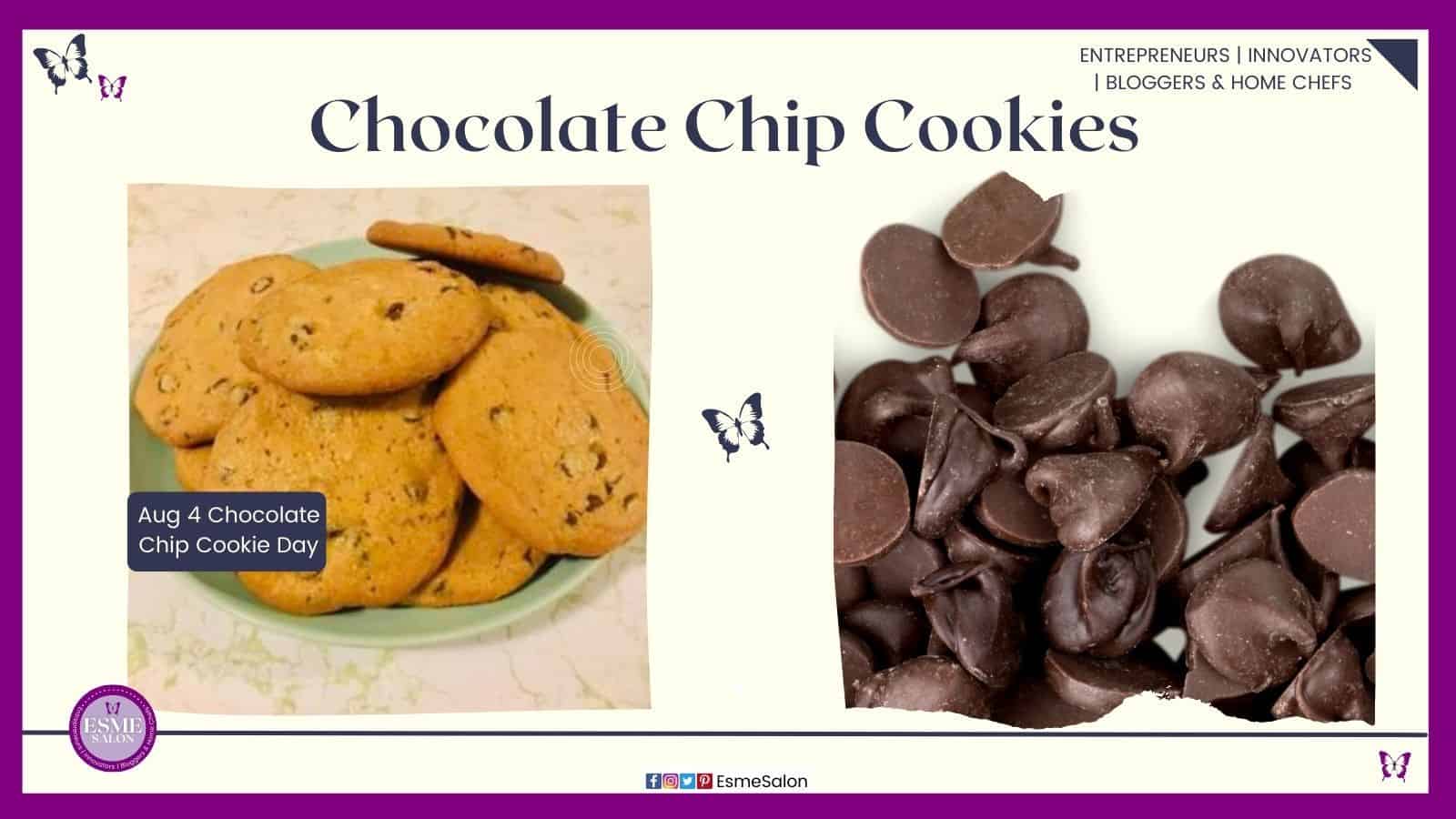 an image of a green plate with Chocolate Chip Cookies