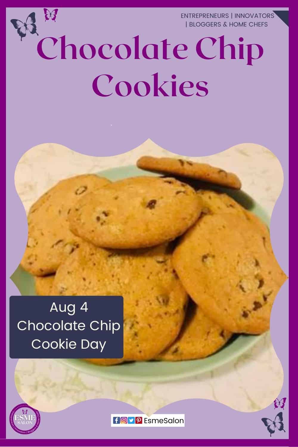 an image of a green plate with Chocolate Chip Cookies