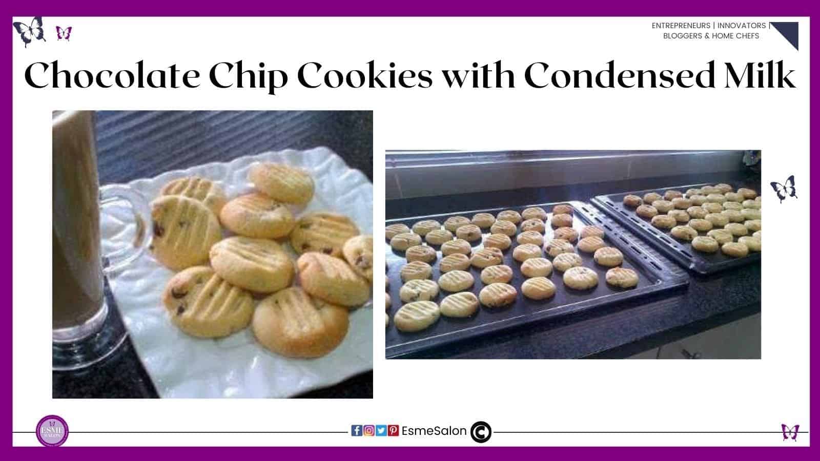 an image of a white square platter as well as two baking trays filled with Chocolate Chip Cookies with Condensed Milk