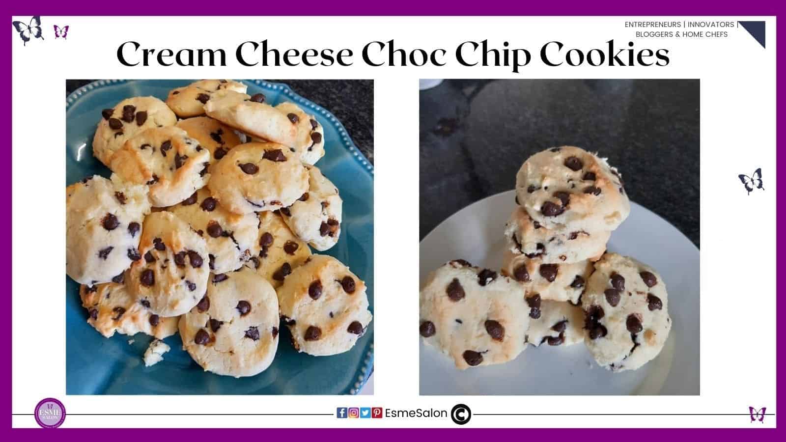 an image of a blue and white plate filled with Cream Cheese Choc Chip Cookies