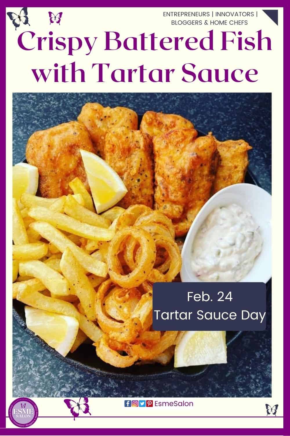 an image of Crispy Battered Fish with Tartar Sauce and onion rings