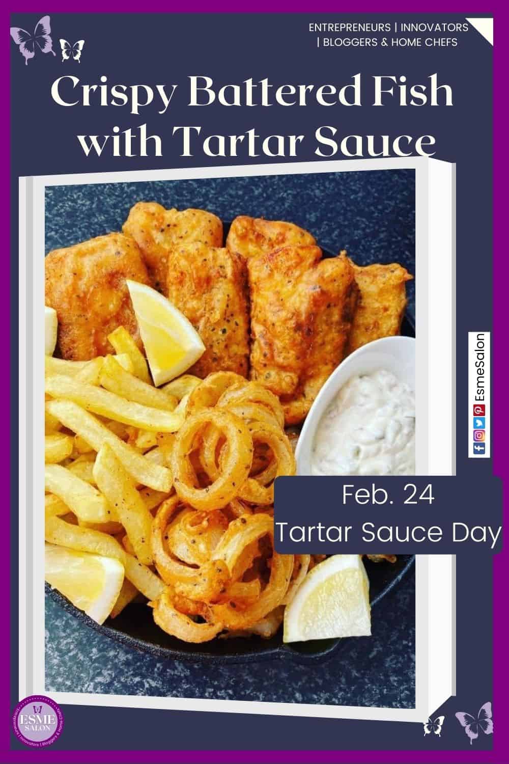 an image of Crispy Battered Fish with Tartar Sauce and onion rings