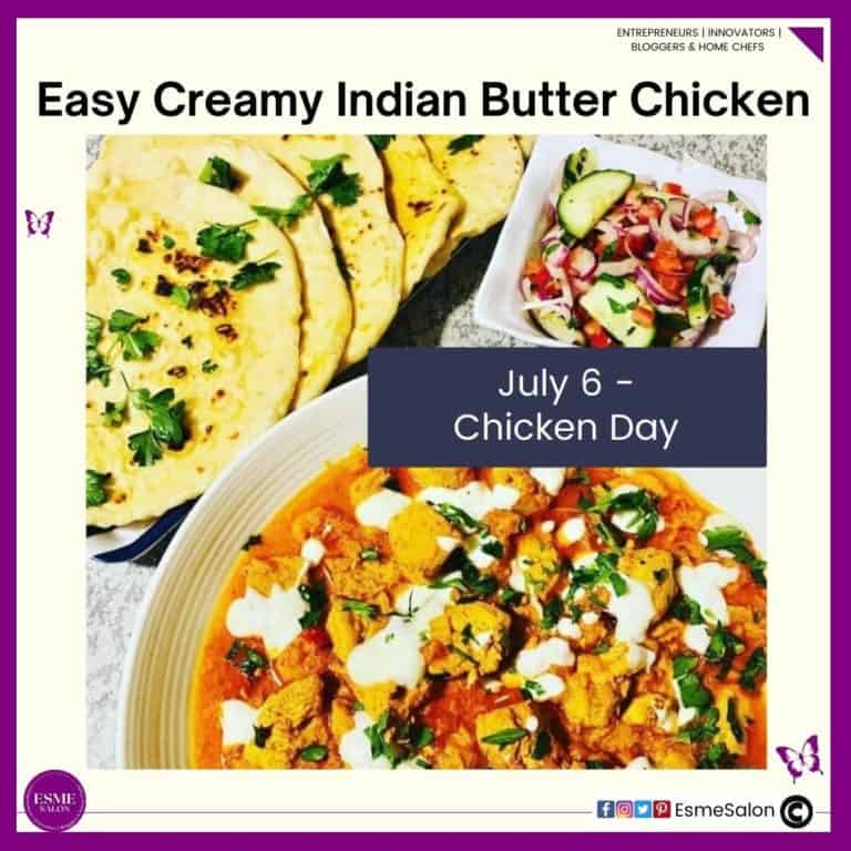 an image of Creamy Indian Butter Chicken with naan bread and salad on the side
