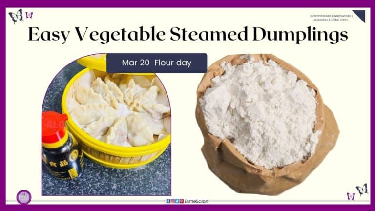 an image of a yellow rimmed bowl filled with vegetable steamed dumplings with a bottle of soy sauce on the side