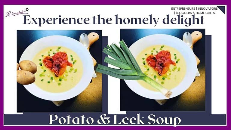 an image of a while bowl of Potato & Leek Soup topped with Prosciutto