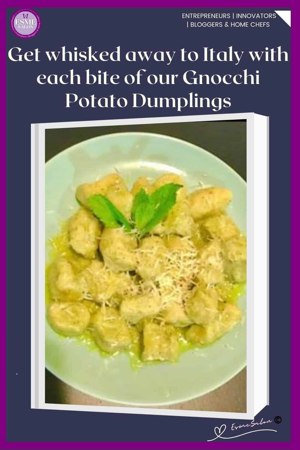 an image of Gnocchi Potato Dumplings on a green round plate with pesto and freshly grated parmesan