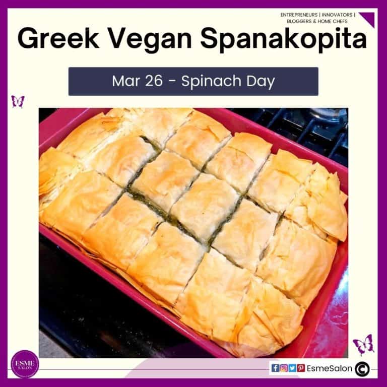 A red rectangular dish with a baked and sliced Greek Vegan Spanakopita
