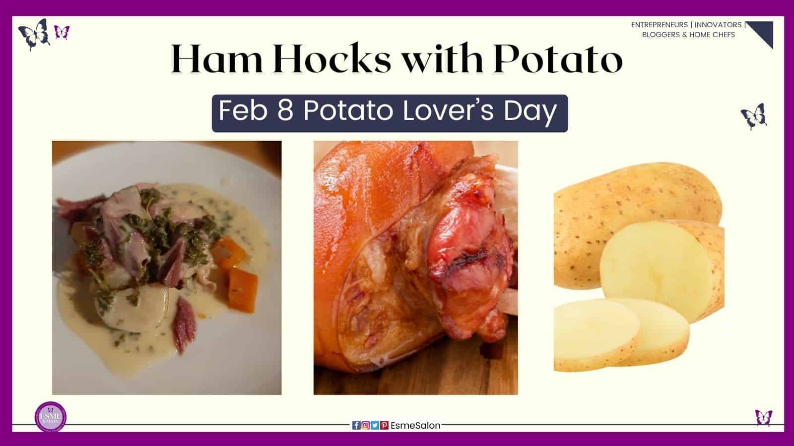 an image of a plate filled with Ham Hocks, potato and greens and carrots