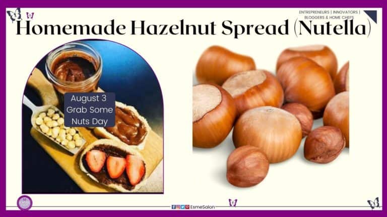 an image of a platter with a bottle of Homemade Hazelnut Spread (Nutella), some hazelnuts, and bread with Nutella spread