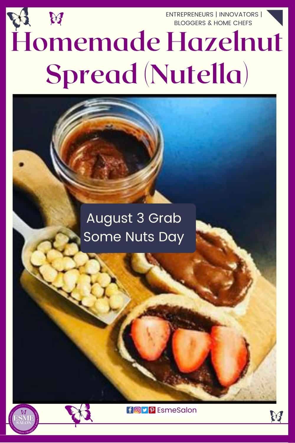 an image of a platter with a bottle of Homemade Hazelnut Spread (Nutella), some hazelnuts, and bread with Nutella spread