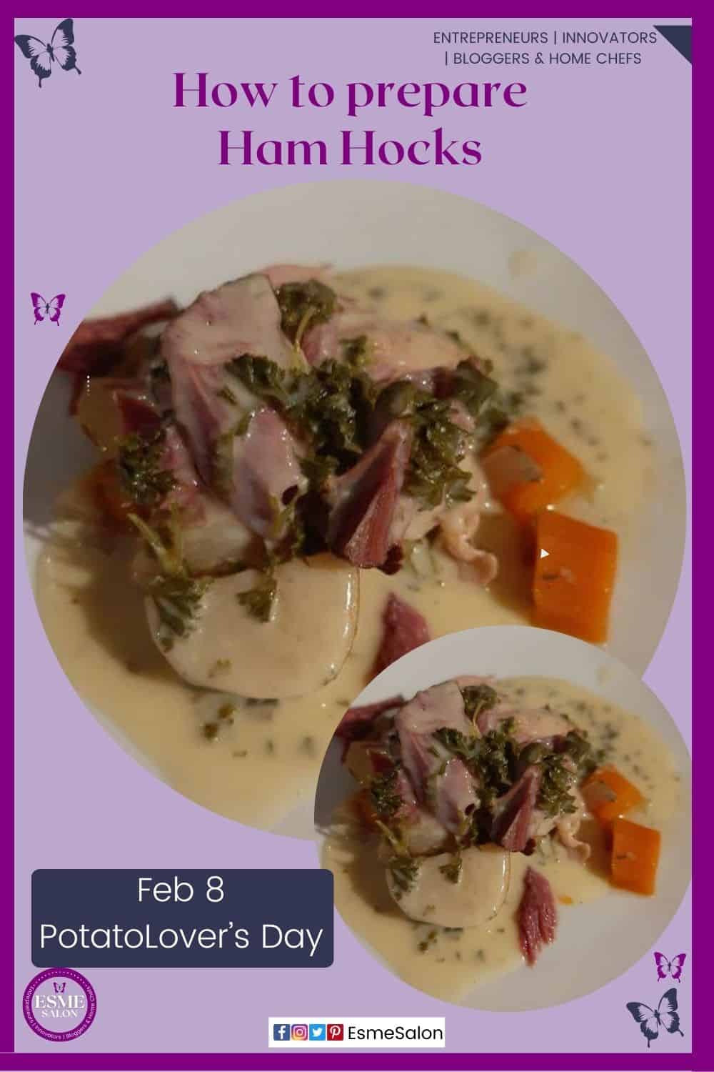an image of a plate filled with Ham Hocks, potato and greens and carrots