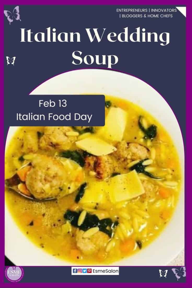 an image of a plate filled with Italian Wedding Soup with meatballs