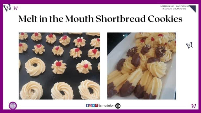 an image of raw as well as baked Melt in the Mouth Shortbread Cookies with cherries and dipped in chocolate