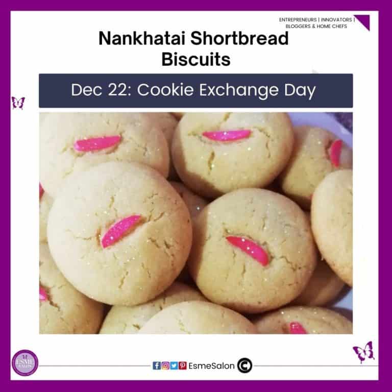 an image of Nankhatai Shortbread Biscuits with a pink nut as decoration