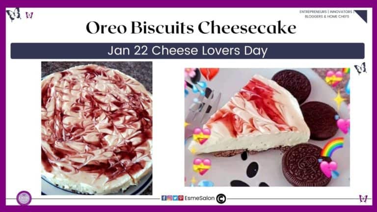 an image of a round Oreo Biscuits Cheesecake as well as a slice with some Oreo cookies on the side