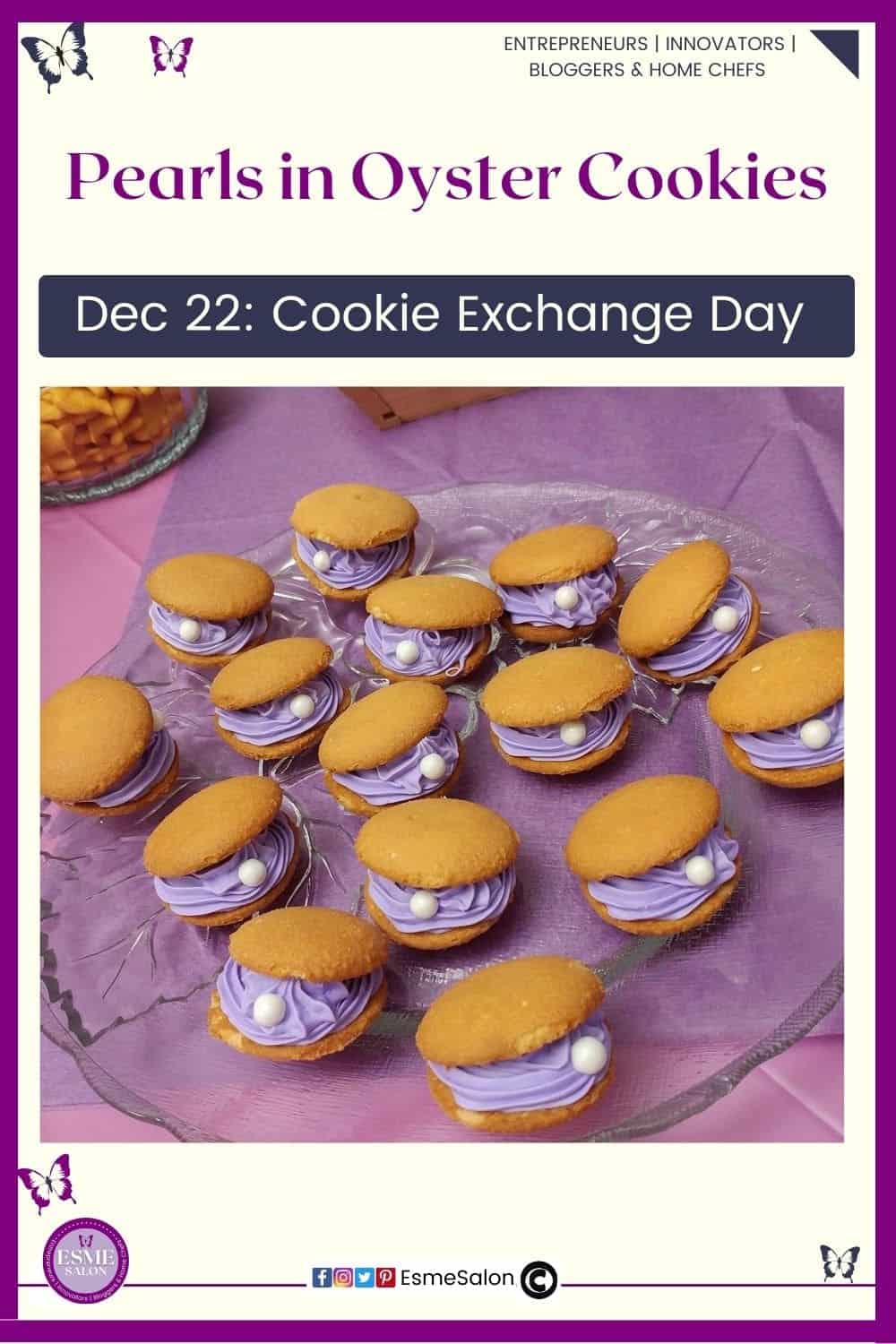 an image of Pearls in Oyster Cookies with purple icing piped between two cookies and a candy resembling a pearl