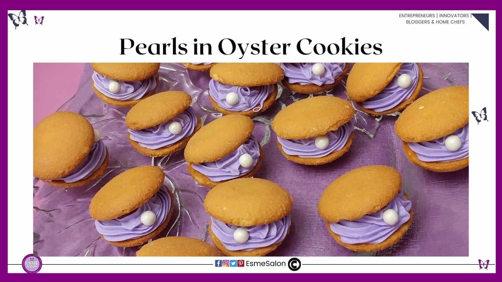 an image of cookies resembling an oyster with purple cream filling and a white candy for the pearl