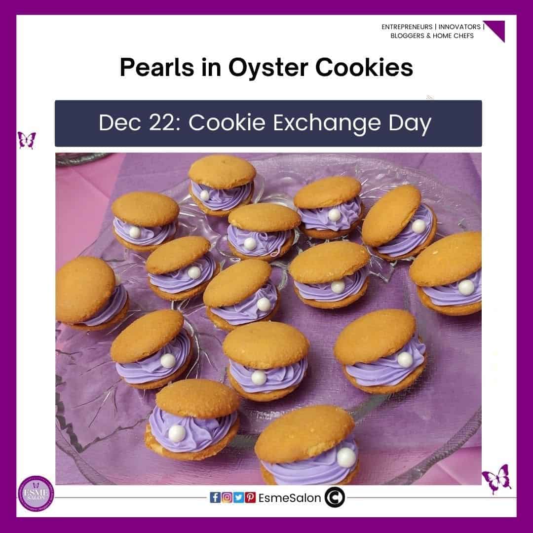 an image of two cookies with purple icing and a white peal candy to resemble a peal in an oyster