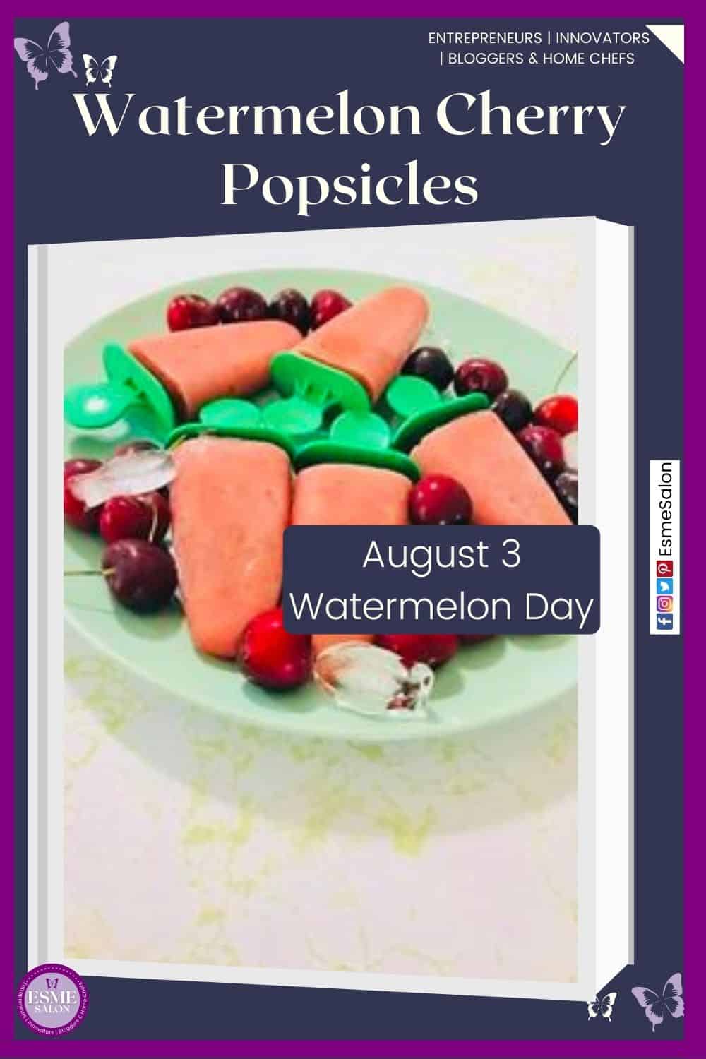 an image of Watermelon and Cherry Popsicles with cherries and ice on the side