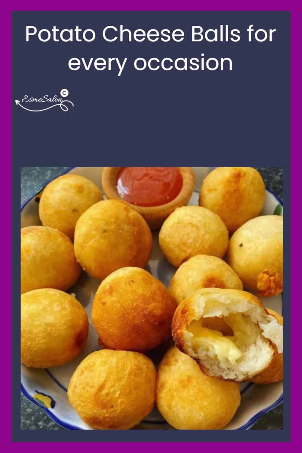 an image of a platter of Potato Cheese Balls with a bowl of dipping sauce