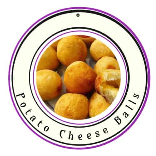 an image of a platter of Potato Cheese Balls with a bowl of dipping sauce