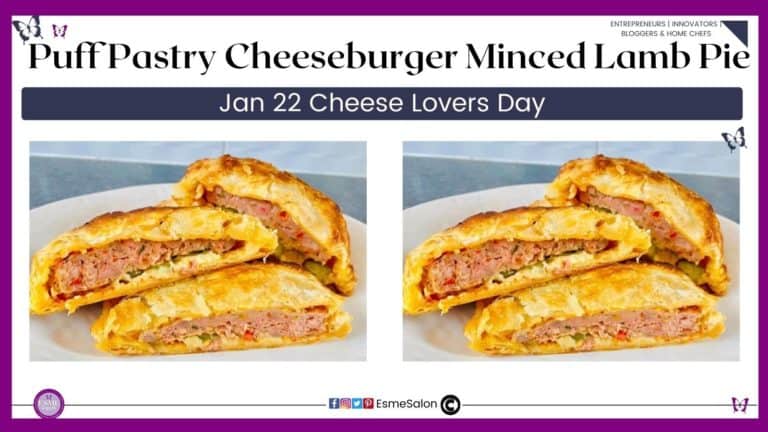 an image3 of 3 half sliced pieces of Puff Pastry Cheeseburger Minced Lamb Pie