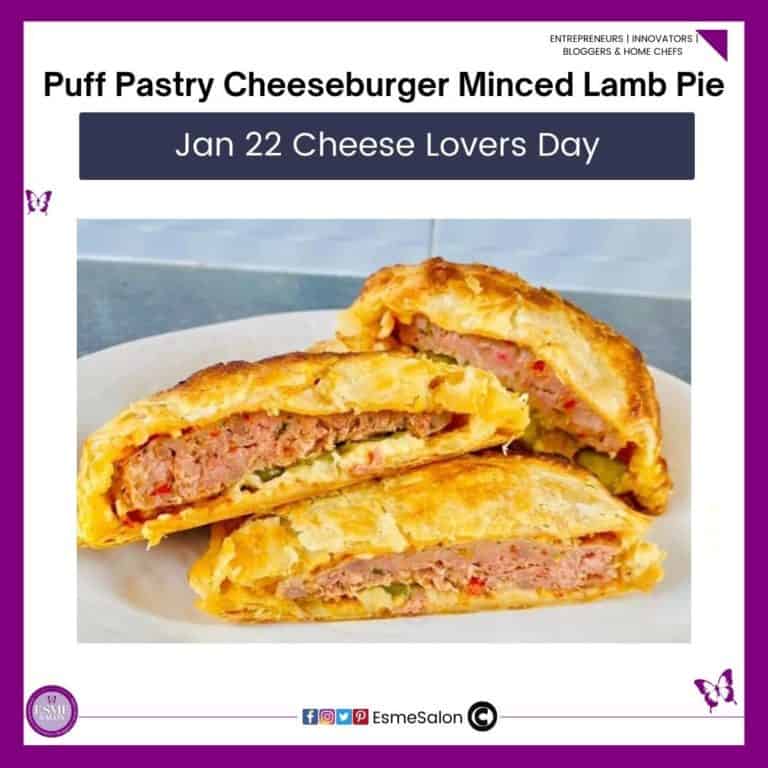 an image of 3 half Puff Pastry Cheeseburger Minced Lamb Pies on a white plate