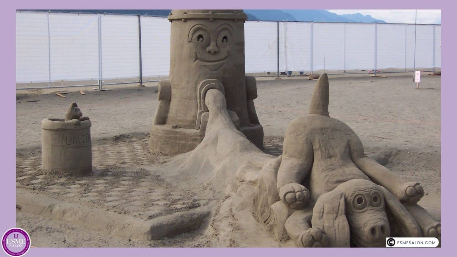 an image of a sandsculpture - a water pump and a dog floating away on the water