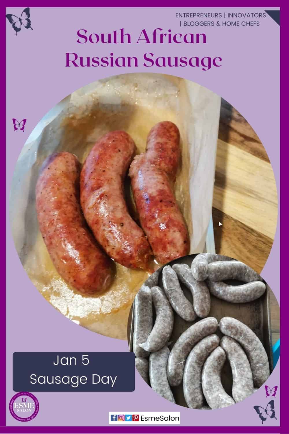 an image of South African Russian Sausages as well as links of raw sausage before baking