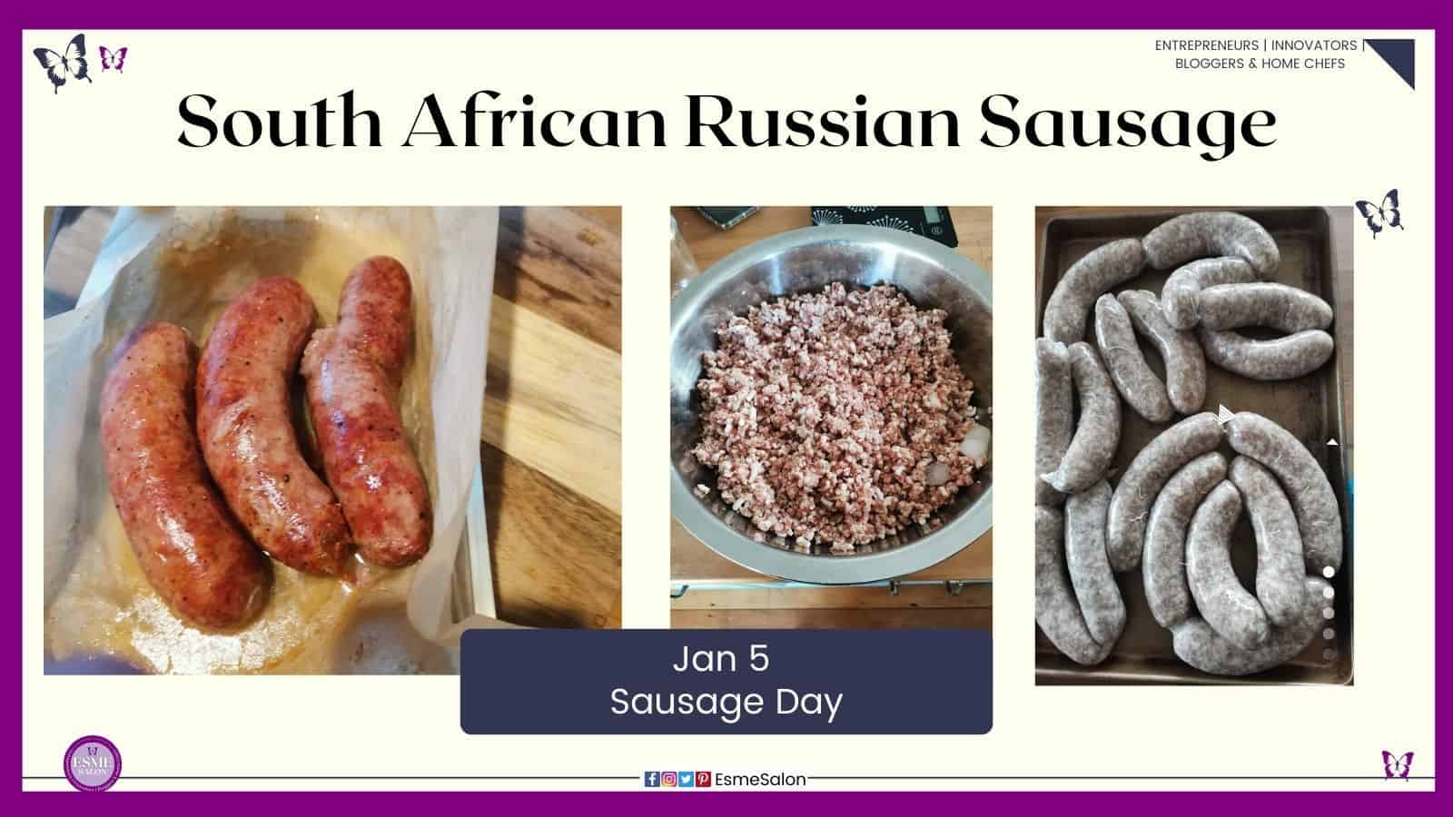 an image of South African Russian Sausages as well as the minced meat and raw sausage before baking
