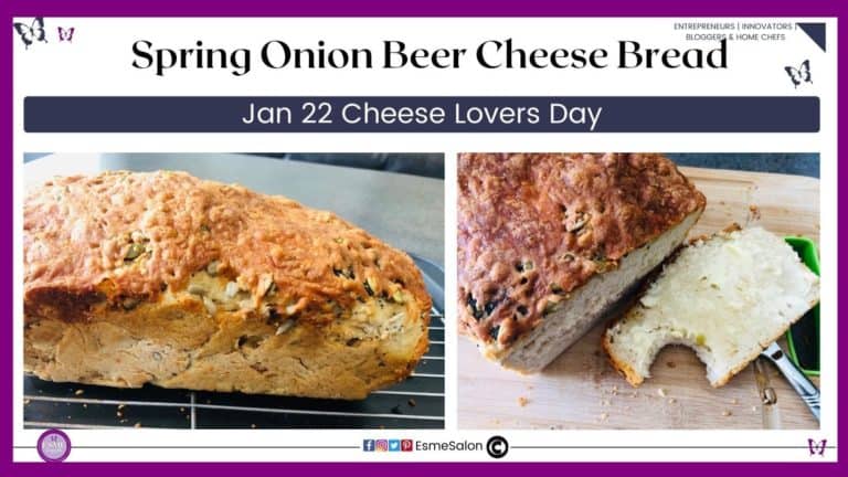 an imge of a Spring Onion Beer Cheese Bread as well as one sliced and buttered