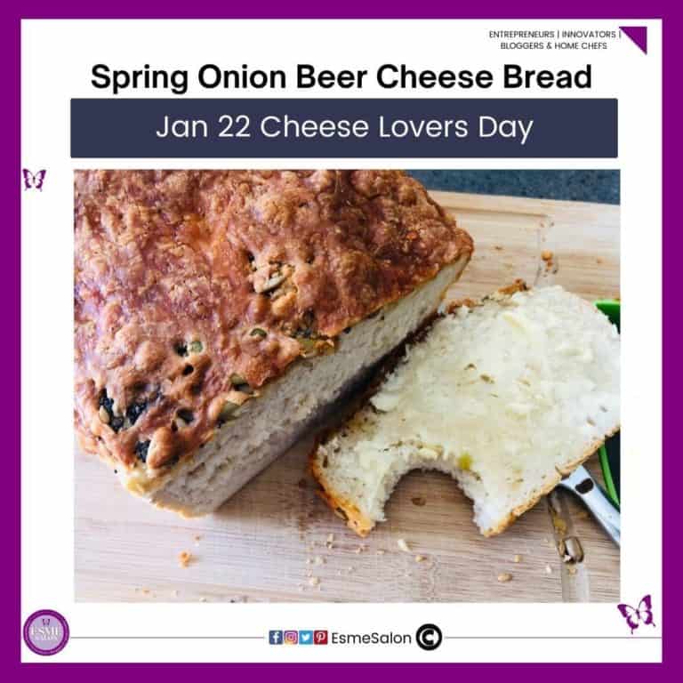 animage of a Spring Onion Beer Cheese Bread sliced and buttered