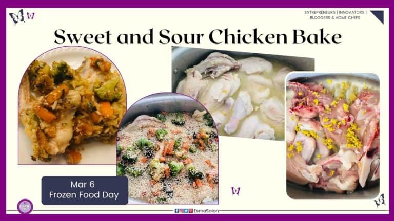 an image of a one dish Sweet and Sour Chicken with frozen vegetables, spring onions, and sesame seeds