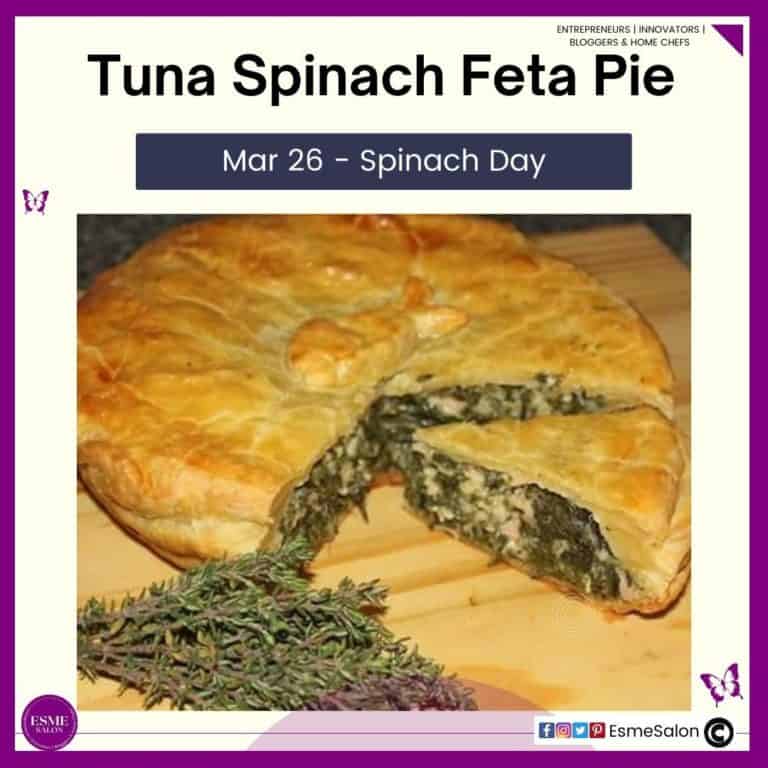 an image of a round sliced Tuna Spinach Feta Pie with puff pastry and a thyme sprig on the side
