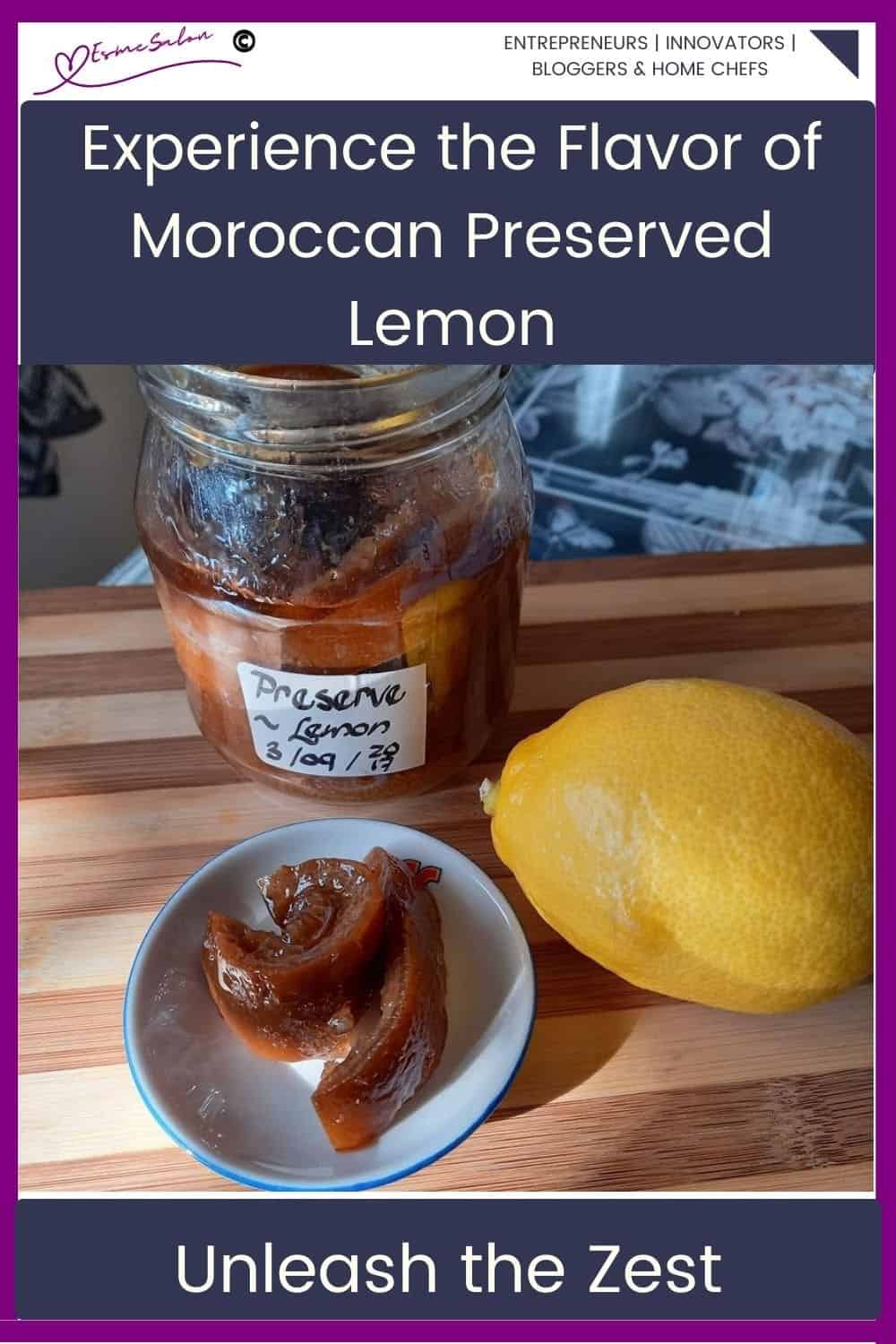 an image of Moroccan Preserved Lemon in a glass jar, as well as in a white bowl on the side