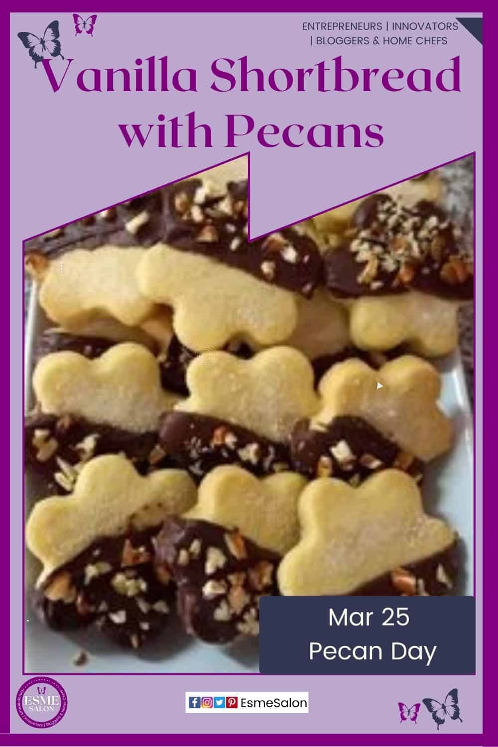 an image of shortbread biscuits, melted Cadburys chocolate, dipped half in chocolate, sprinkled with pecans