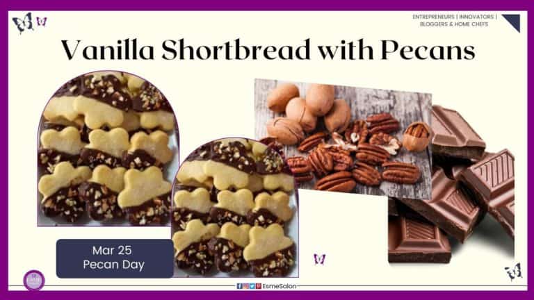 an image of shortbread biscuits, melted Cadburys chocolate, dipped half in chocolate, sprinkled with pecans