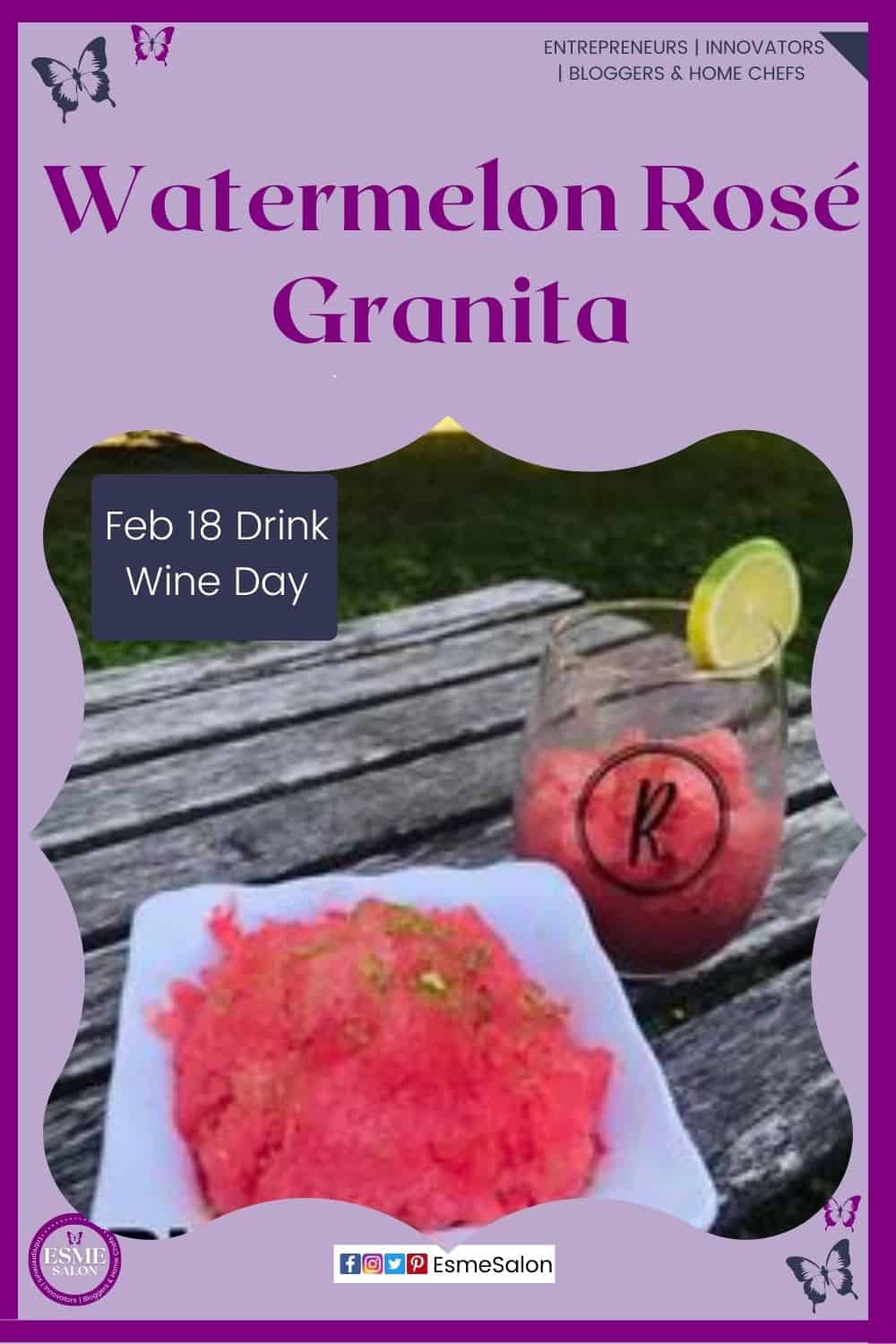 an image of a white plate as well as glass on a wooden slatted table filled with Watermelon Granita