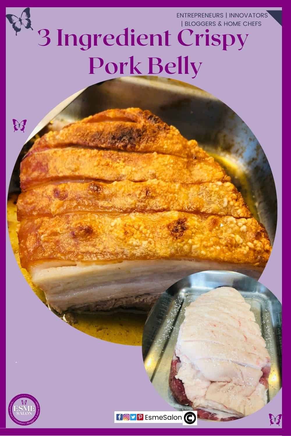 an image of Delicious Easy 3 Ingredient Crispy Pork Belly with superb crackling as well as the salted uncooked belly
