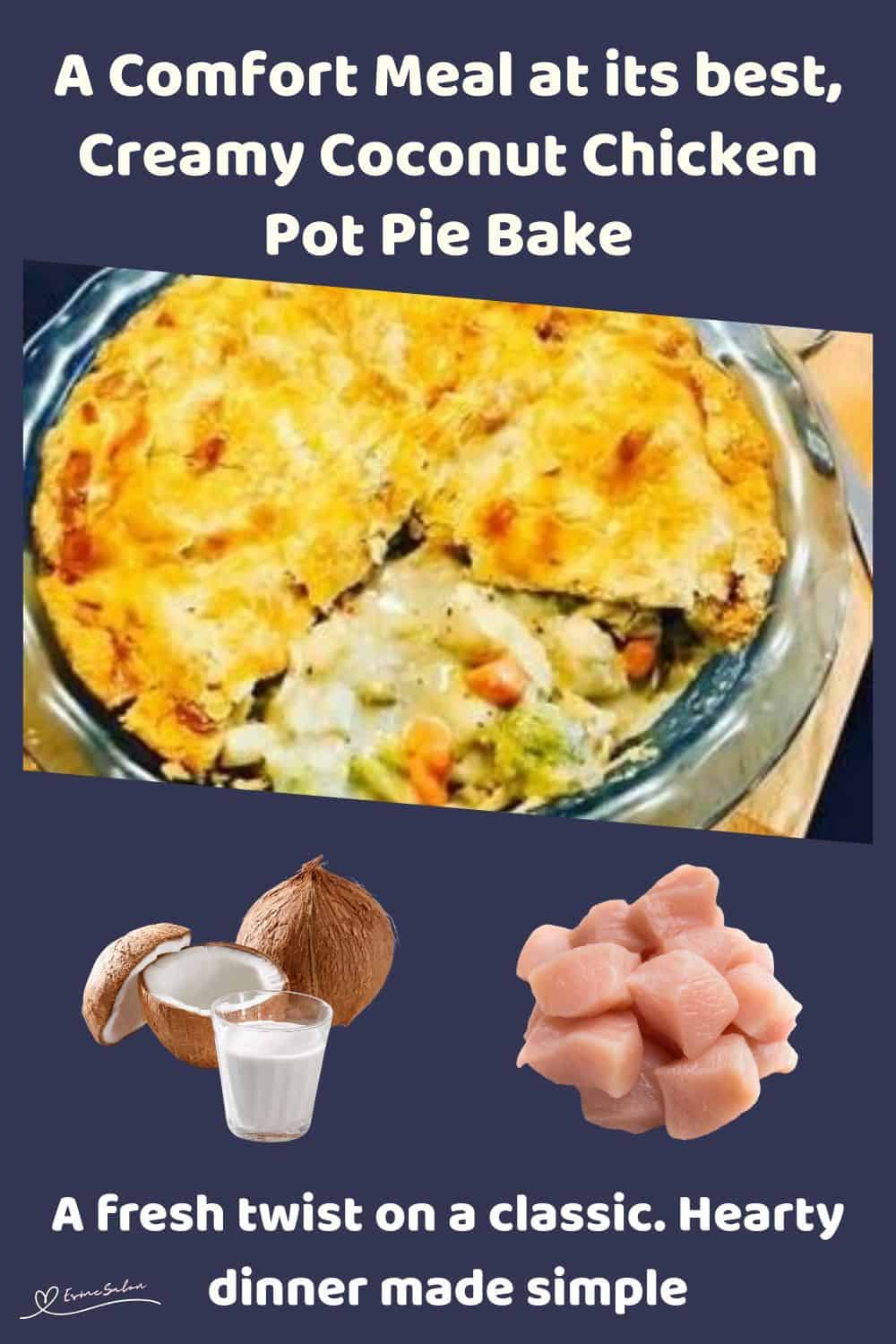 An image of a Creamy Coconut Chicken Pot Pie Bake in a pie plate with a pastry topping