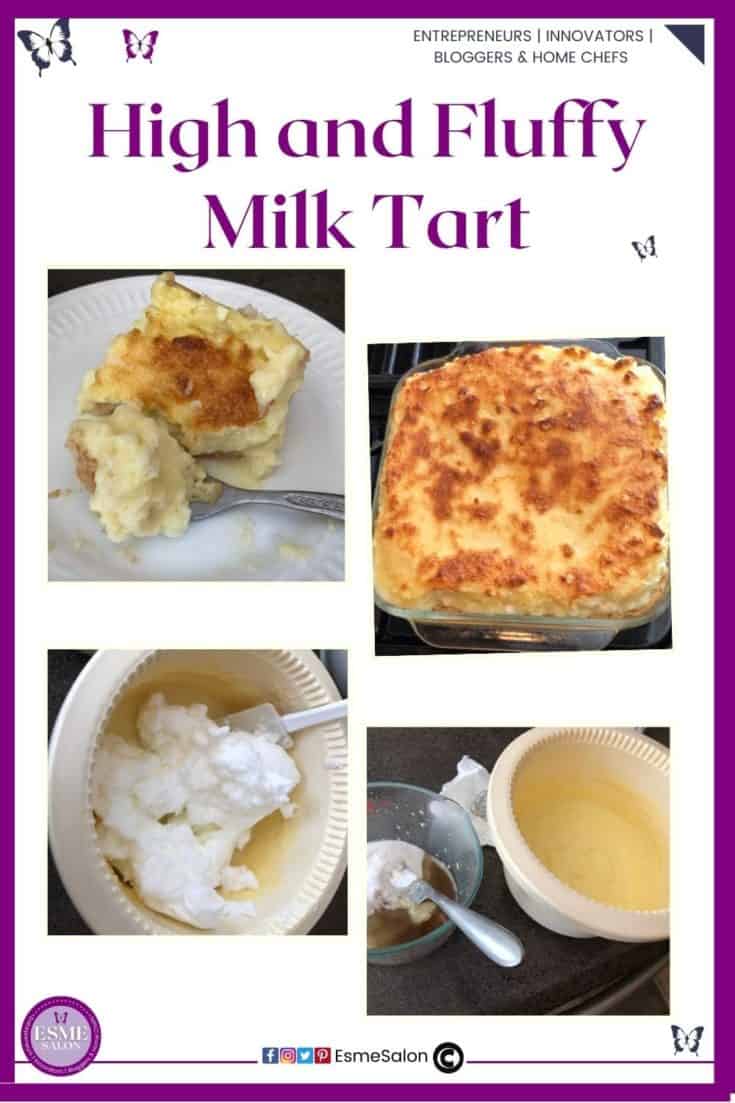 an image of a Baked Milktart, one portion plated, and the mixture in the bowl in preparation