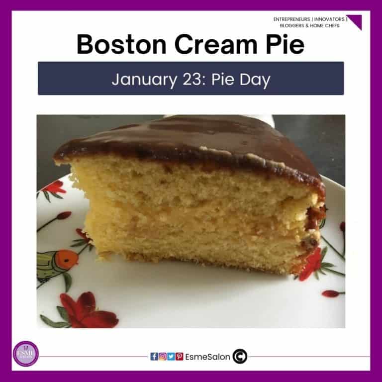 an image for a full round Boston Cream Pie with chocolate topping as well as a slice on a sideplate