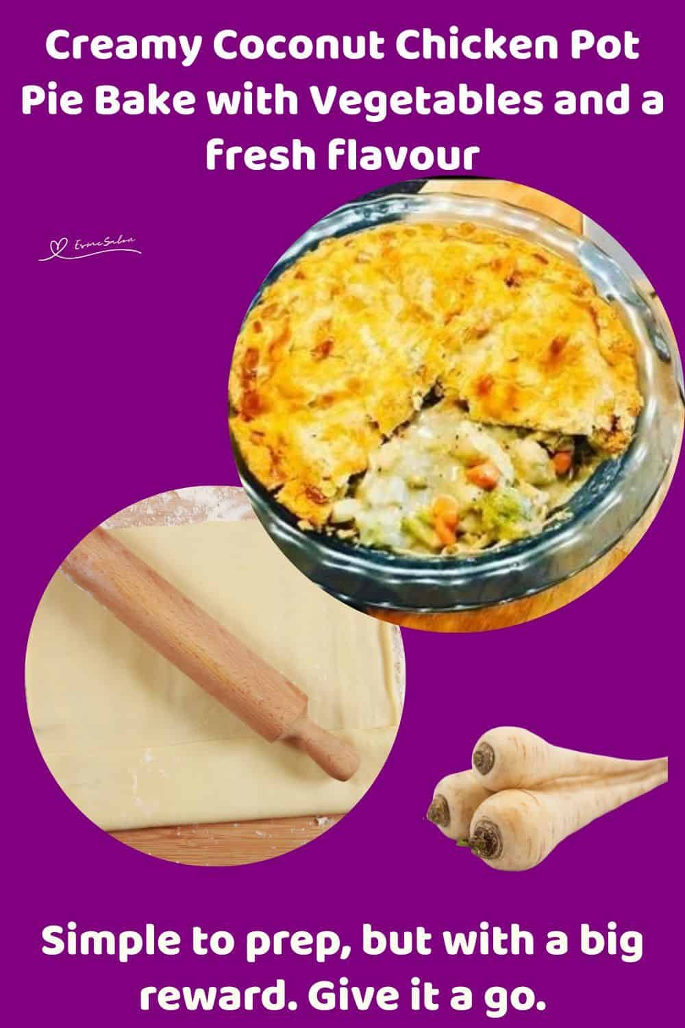 An image of a Creamy Coconut Chicken Pot Pie Bake in a pie plate with a pastry topping