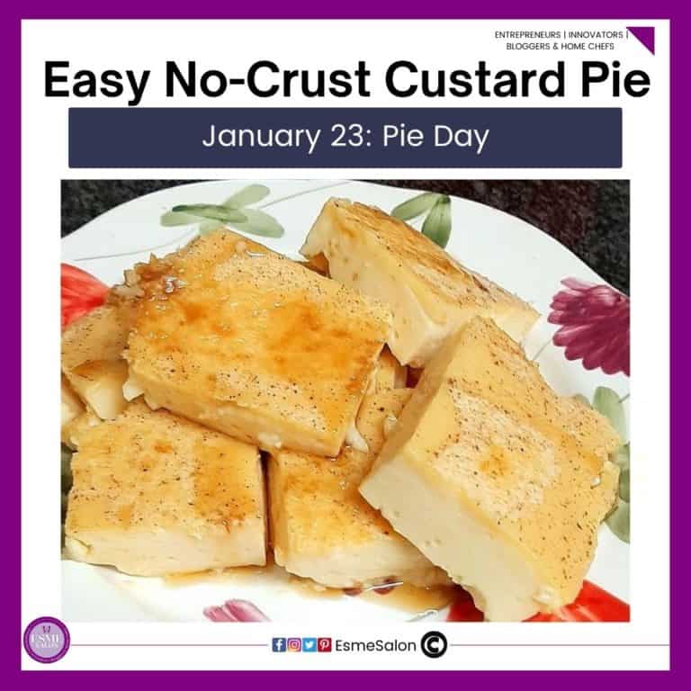 an image of cubes of No-Crust Custard Pie stacked on a serving dish